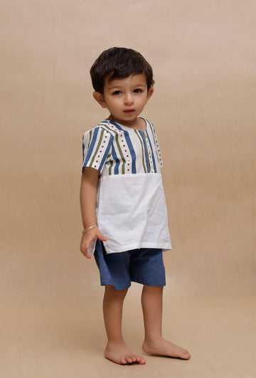 Set of 2: Off-White Multi Color Striped t Shirt and Blue Short